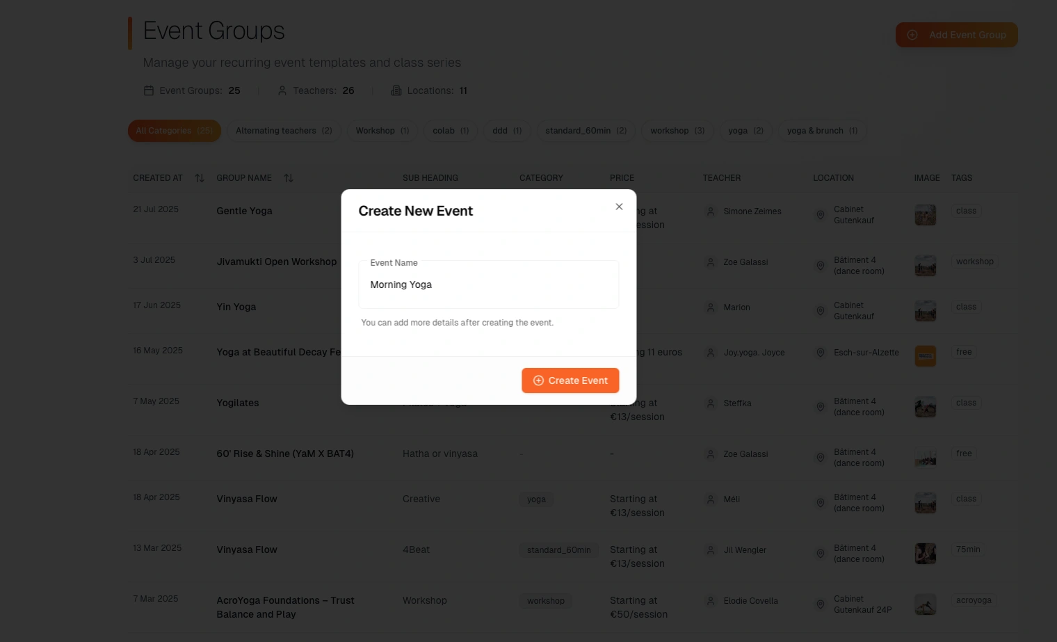 Event creation overview showing the Add Event Group button and main interface